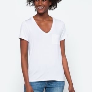 Market & Spruce Hannah V-Neck Pocket Knit Tee Shirt in White